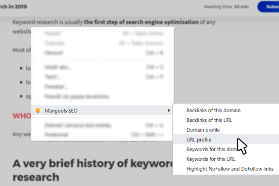 Screenshot of SEO extension by Mangools